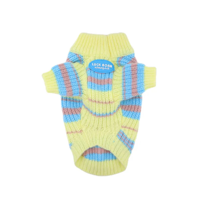 Blue and yellow striped wool sweater for small dog breeds on mannequin showing size options