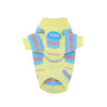 Blue and yellow striped wool sweater for small dog breeds on mannequin showing size options