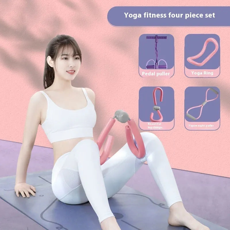 Yoga four piece set with leg stretching device, yoga ring, pedal tensioner and figure eight tension rope