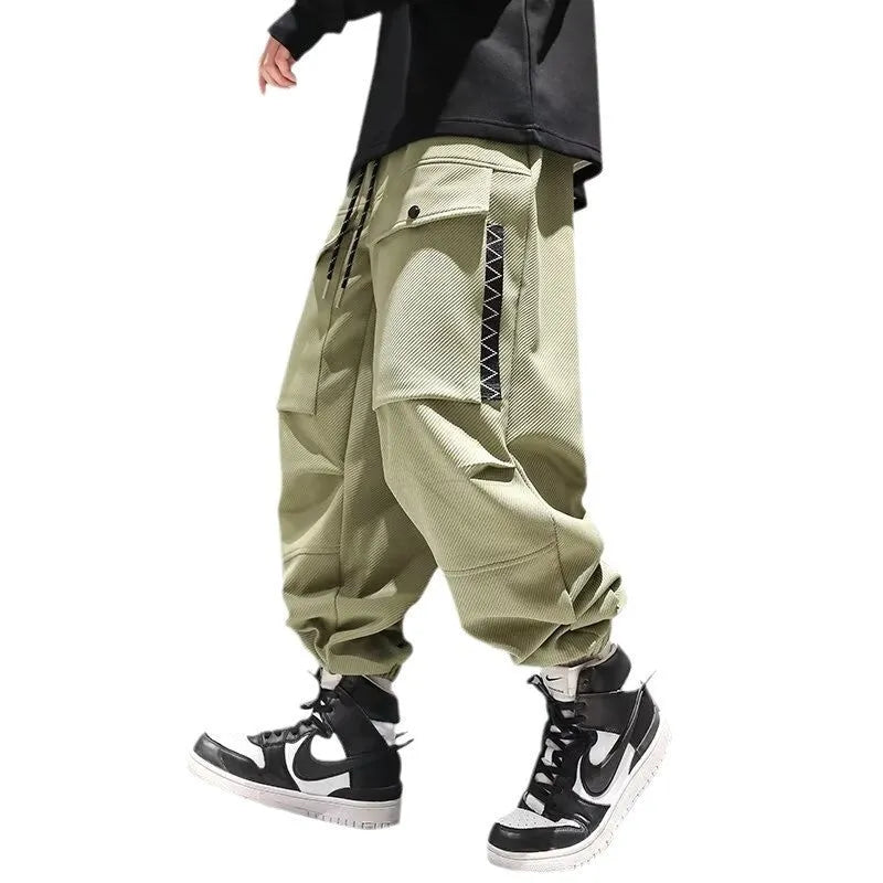 Plus-sized high waist drawstring big pocket teen trousers in black and green, size M to XXXL