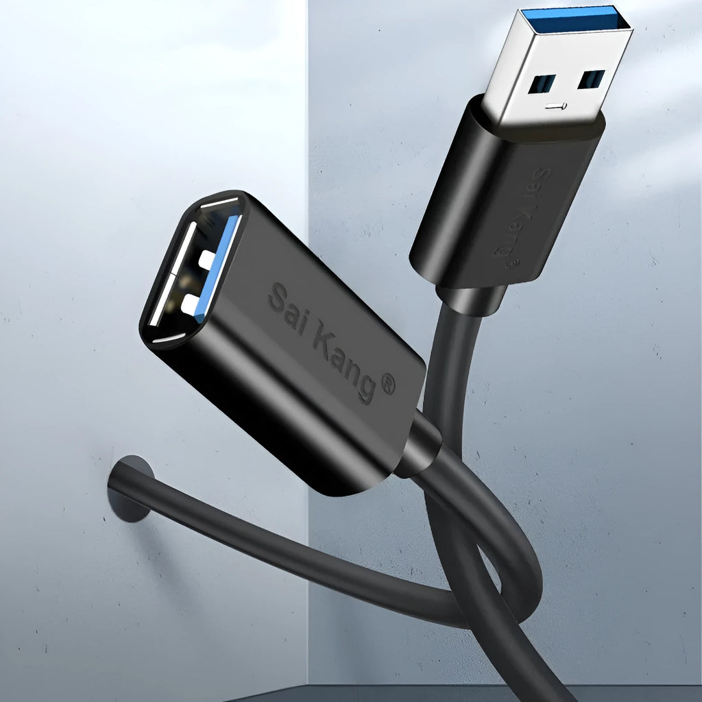 Black USB male to female extension cable with connectors showing, available in multiple lengths from 1 to 5 metres.