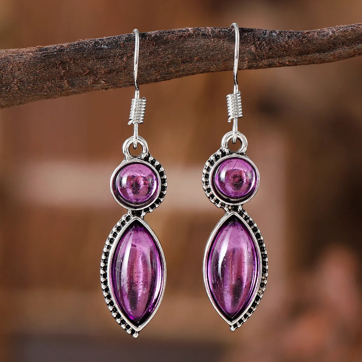 Vintage geometric earrings with black and purple electroplated finish on zinc alloy