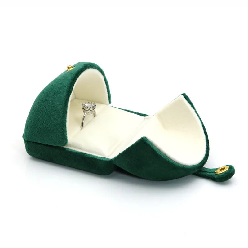 Dark Green Super Soft Flannel Creative Double Ring Box for Jewelry Packaging Double Door Flip Design with Gold Plating Process Peacock Green