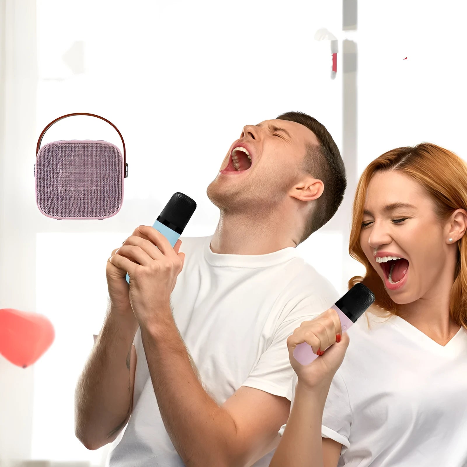Wireless Bluetooth portable speaker with microphone in white plastic shell, 8x6.5x7 cm size, with USB charging port