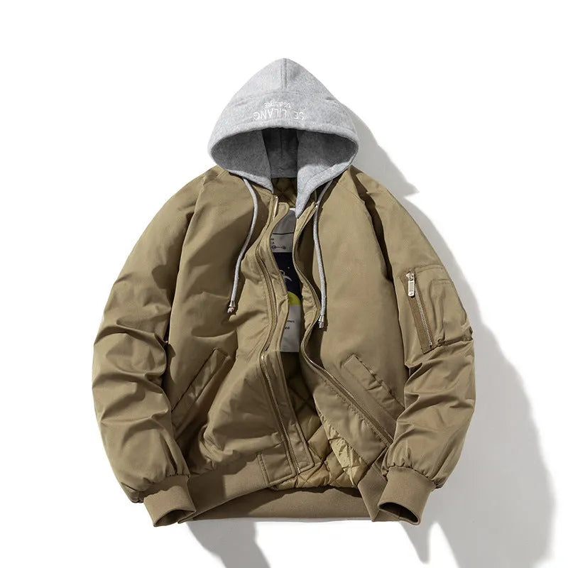 Loose-fitting solid colour pilot jacket with polyester lining for plus size, available in black beige green with hat or cotton lining options