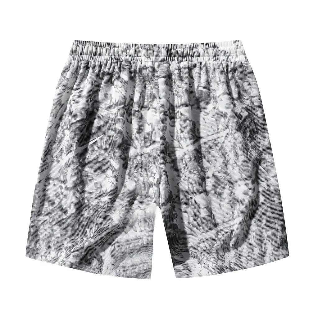 Men's black corduroy camouflage pattern athletic shorts with a high waist and straight-leg design on a mannequin.