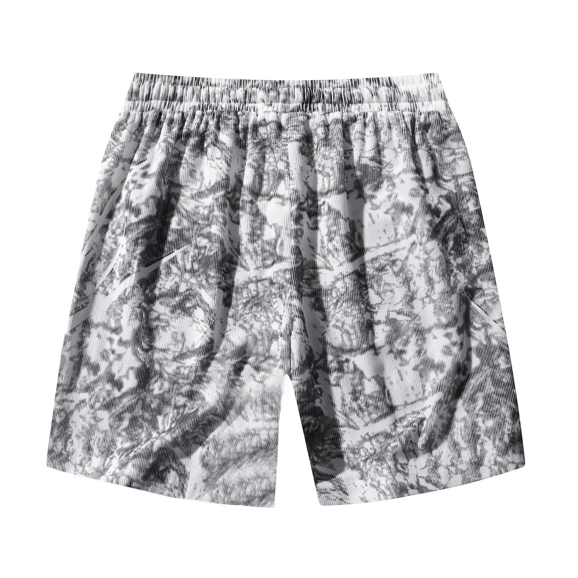 Men's black corduroy camouflage pattern athletic shorts with a high waist and straight-leg design on a mannequin.