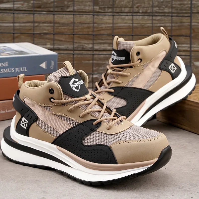Anti-smashing steel toe labour protection shoes, flat knitted upper, rubber sole, low top, available in black brown grey