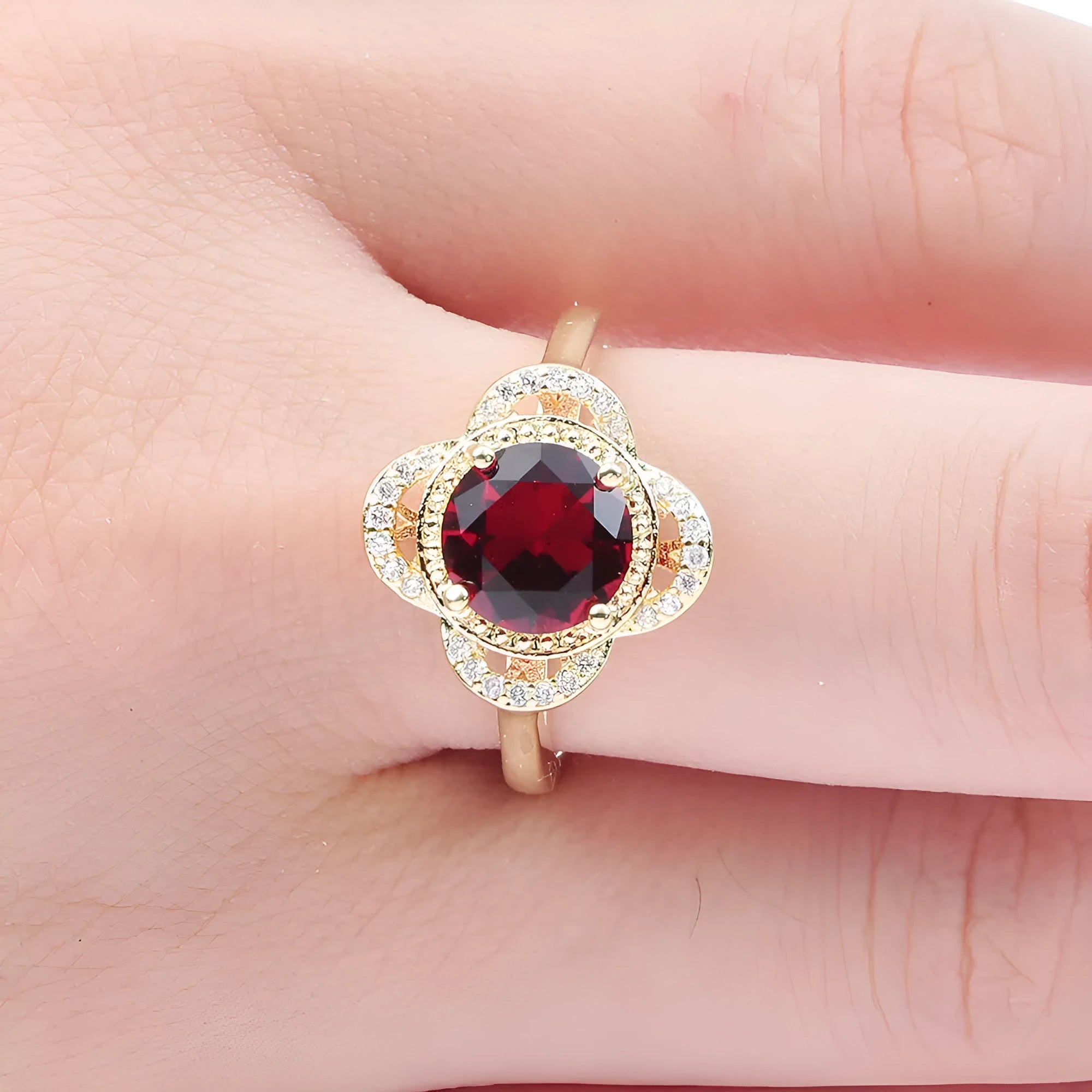 Copper ring with fruit-shaped zircon stone in electroplated finish