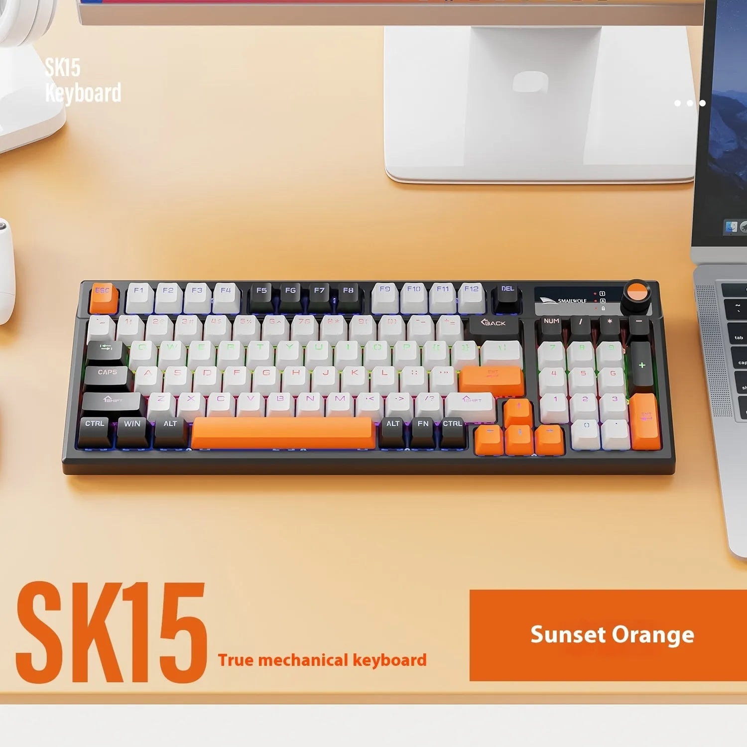 SK15 wired mechanical keyboard with control knob in Black, Sunset Orange, and Autumn Water Blue colour options.