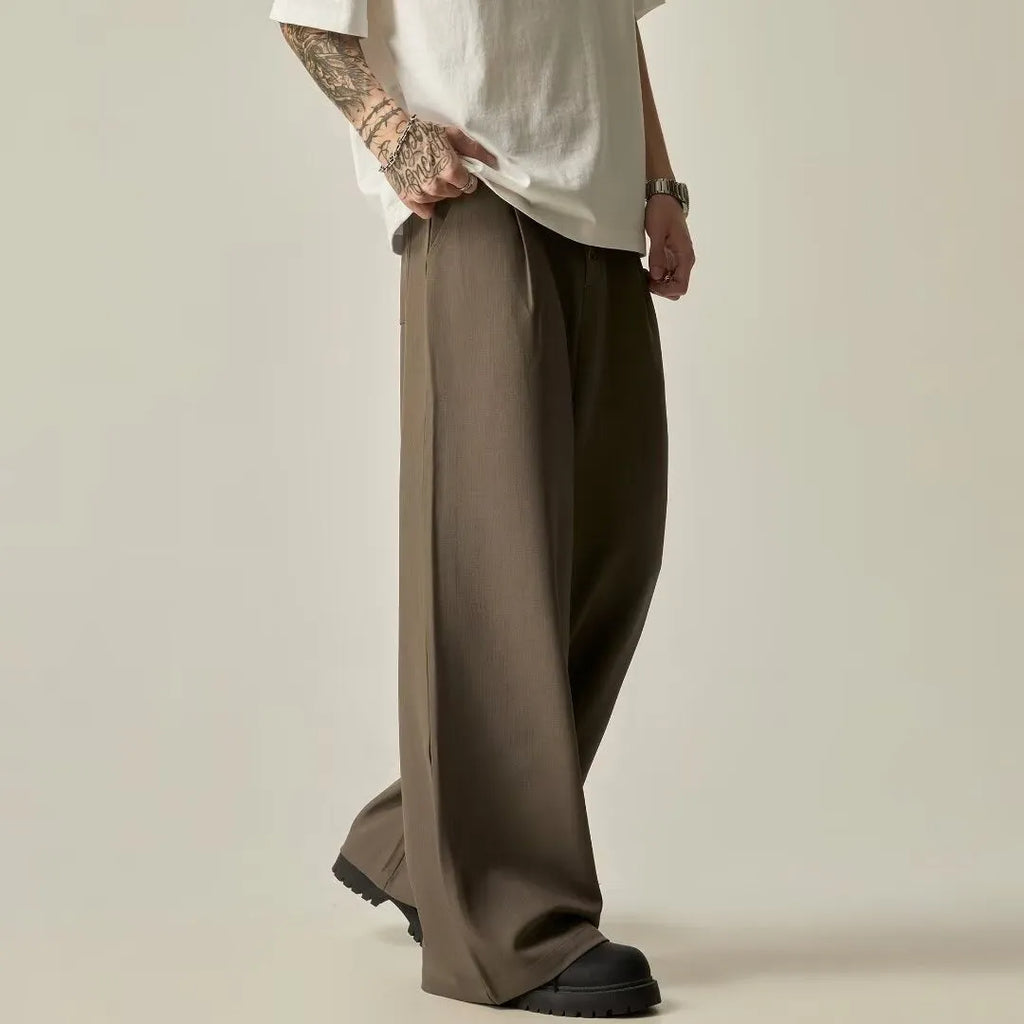 Men's solid colour wide-leg casual trousers in black or brown with straight-leg fit and button fly
