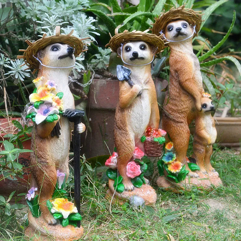 Plastic resin mongoose ornaments with straw hats for garden decoration in yellow brown colour
