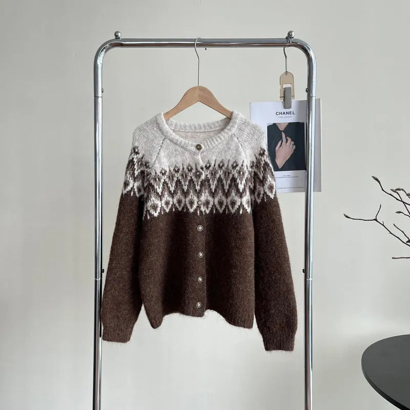 Women's loose fit jacquard knit sweater coat in milky white, shown front view.