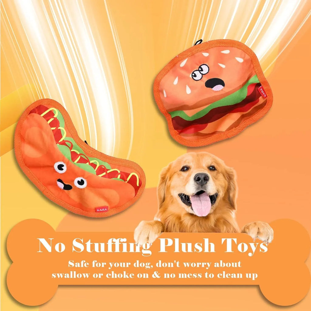 Hamburger-shaped crinkle dog toy with dual squeaker and crinkle sound, no stuffing