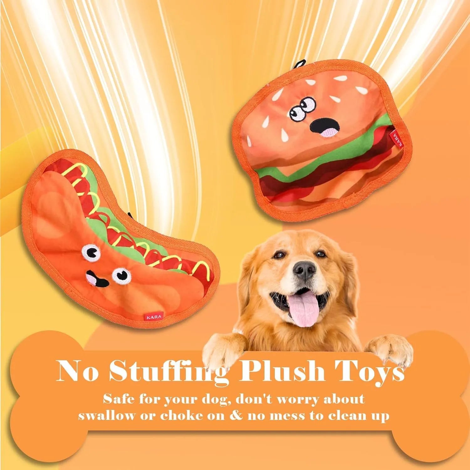 Hamburger-shaped crinkle dog toy with dual squeaker and crinkle sound, no stuffing