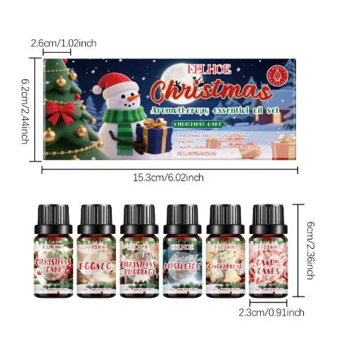 Christmas aromatherapy oil gift set showing six 60ml bottles of scented oil for home fragrance.