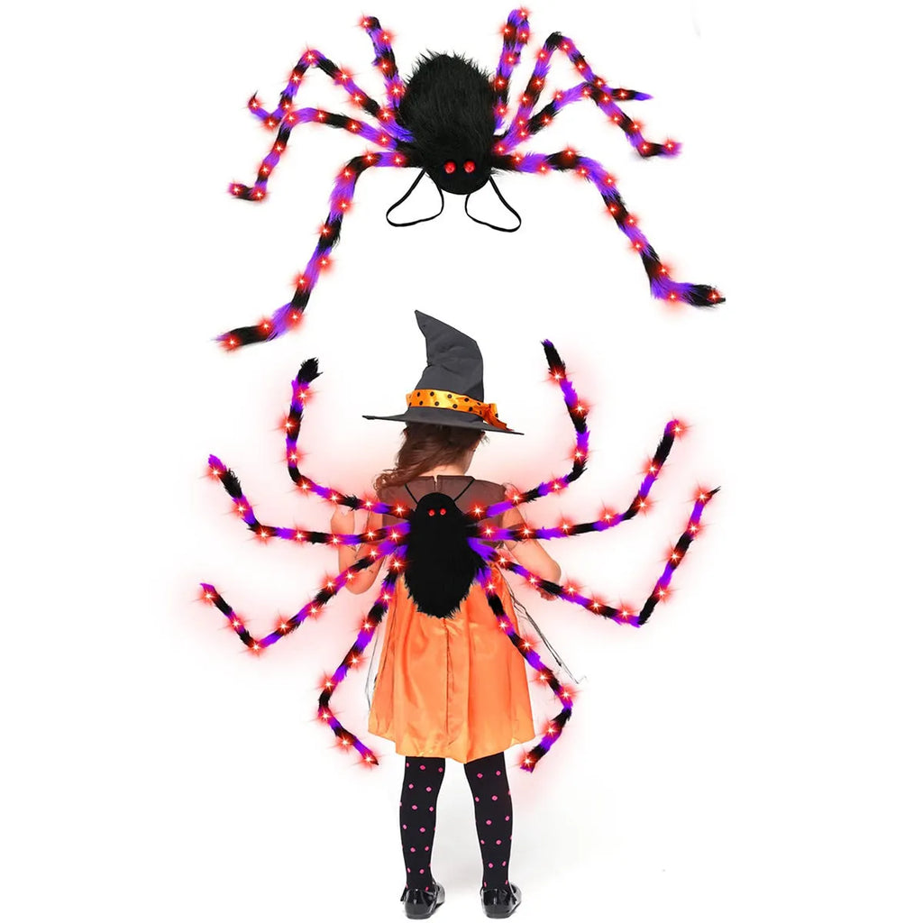Halloween spider backpack with LED lights in orange purple glow colour showing backpack straps and spider design