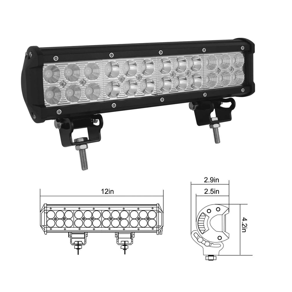 72W double row LED work light bar, black aluminium housing, for off-road vehicle roof or grille, IP67 waterproof, 6000-6500K