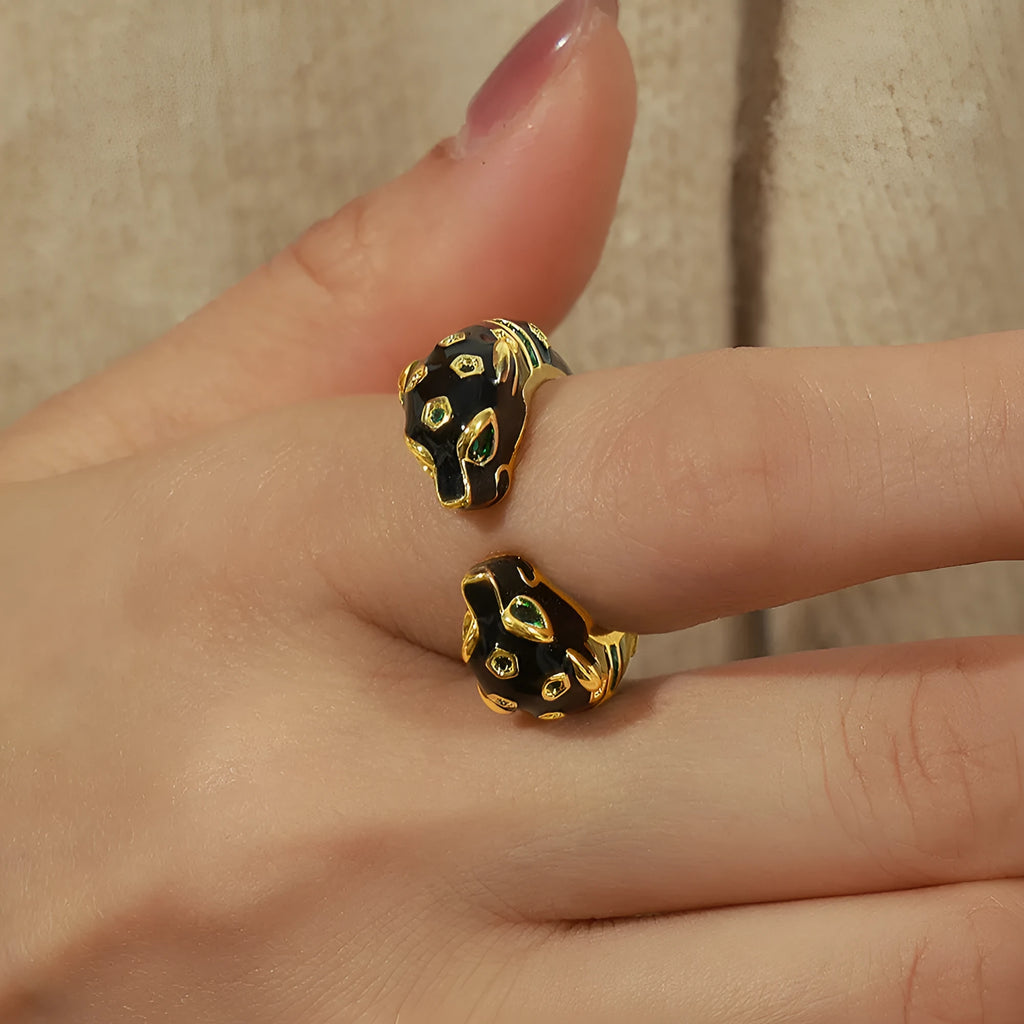 Black cheetah pattern open ring with geometric design on copper base