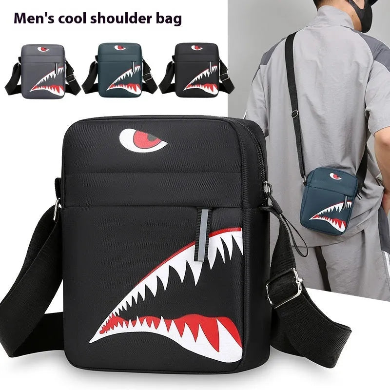 Men's small casual crossbody bag in Oxford cloth, shown in black with adjustable strap and animal print lining visible.