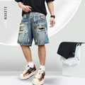 Blue denim shorts for men with ripped detailing and a straight leg cut.
