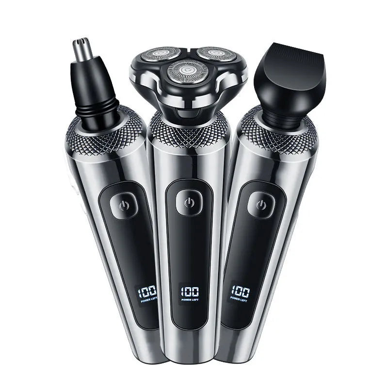 USB rechargeable beard trimmer with digital display on its five-in-one base, showing washable body and floating cutter head.