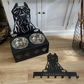 Personalised iron dog bowl holder with custom name engraving in presaccanario colour