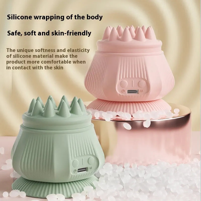 Rechargeable multi-head silicone neck massager with hot compress function in pink, gray, and green, boxed