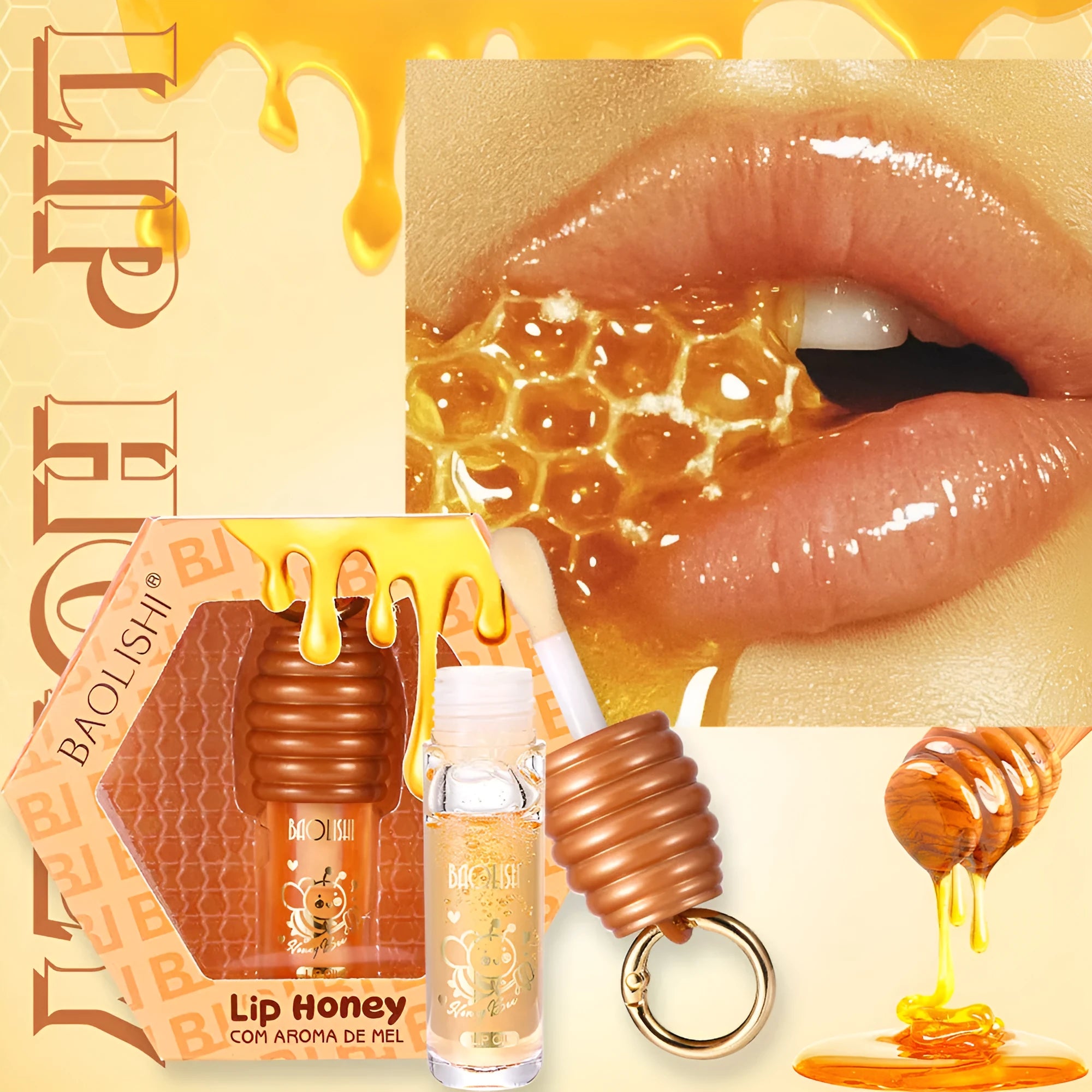 Honey Lip Gloss with keychain attached, showing portable design for bags and paniers