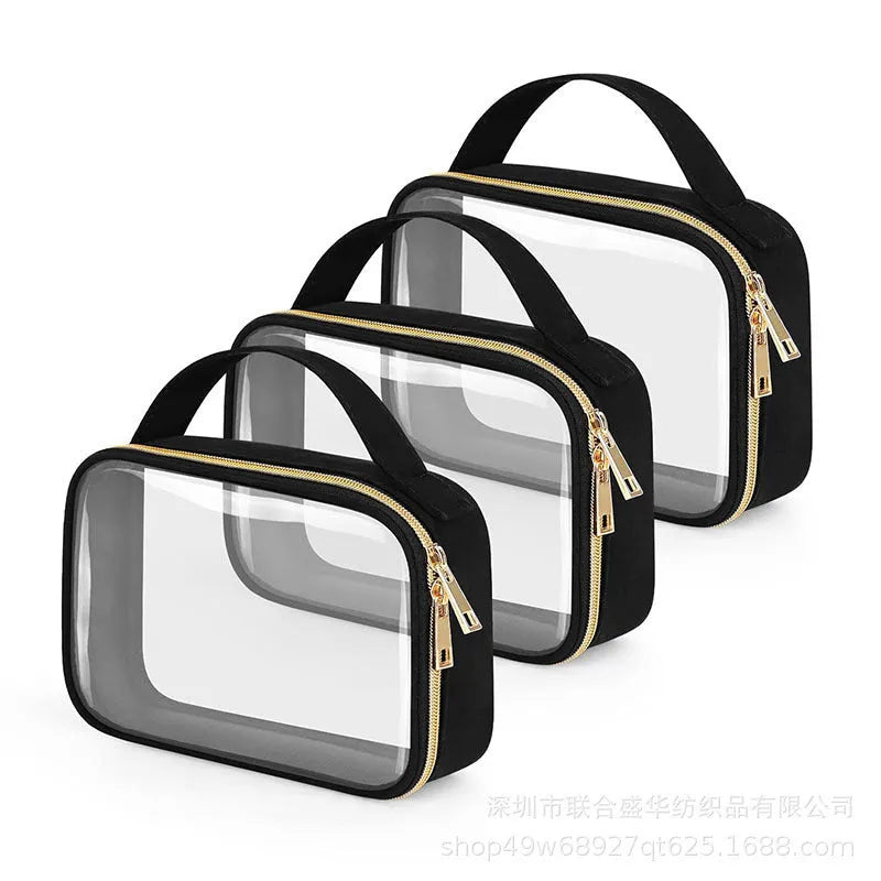 Transparent PVC lipstick storage bag with chain closure in 7.85 inch size showing cosmetic organisation