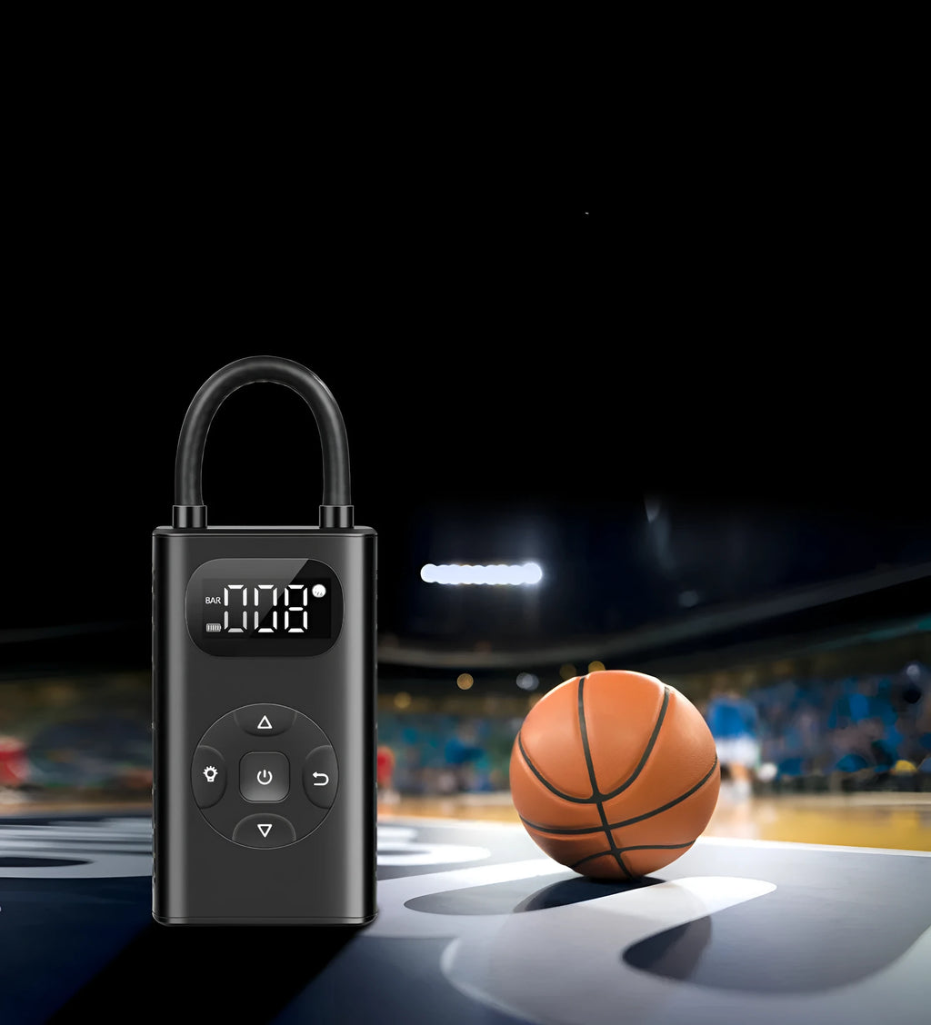 Black portable power bank tyre inflator with digital display and 16cm hose for car motorcycle bicycle