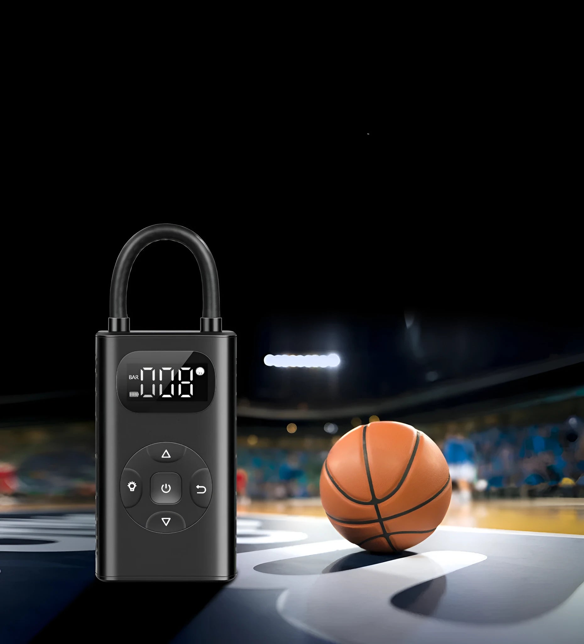 Black portable power bank tyre inflator with digital display and 16cm hose for car motorcycle bicycle