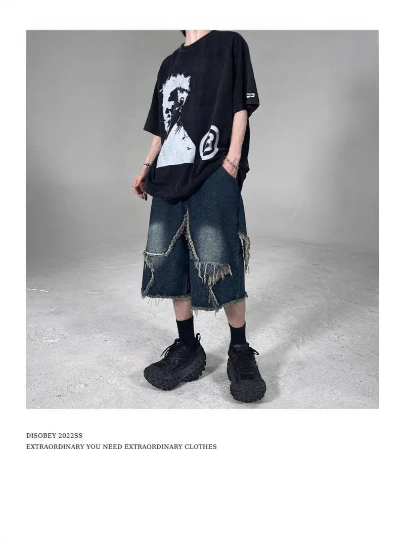 Blue cotton denim shorts with frayed edges and five-pointed star embroidery, loose fit design for men