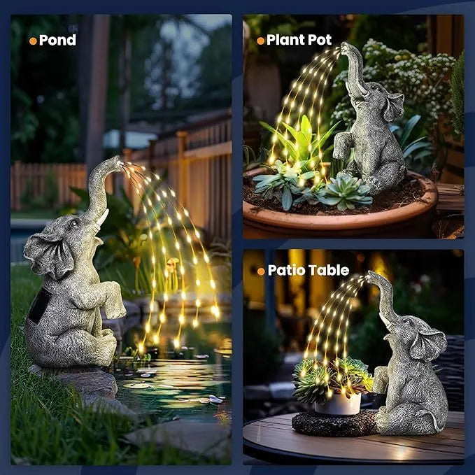 Resin elephant garden sculpture with integrated light strip for outdoor patio or lawn decoration.