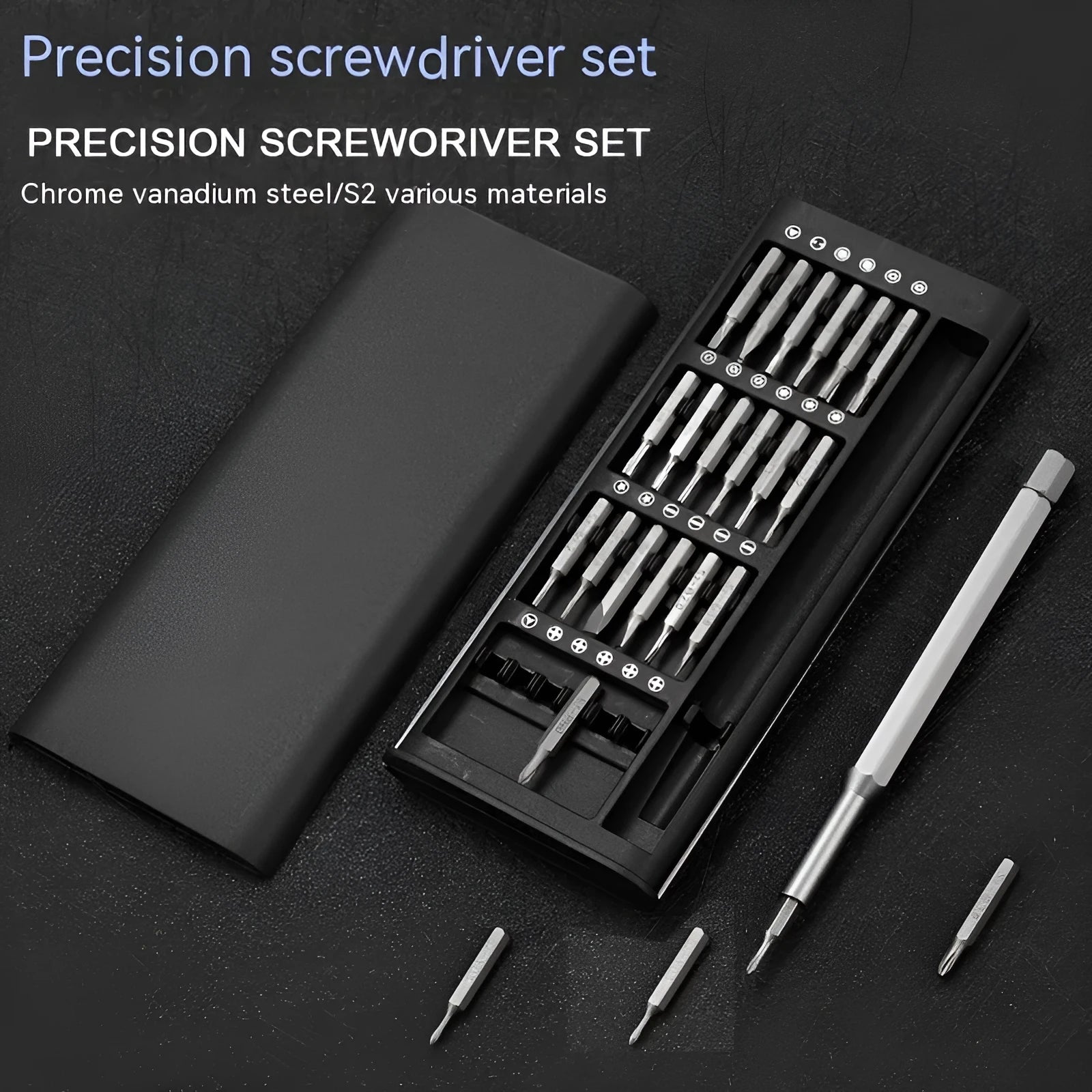 24-in-1 precision magnetic screwdriver repair set with carbon steel bits and chrome vanadium steel shaft on white background