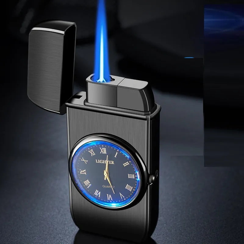 Metal electronic watch cigarette lighter with LED digital display and choice of five brushed or textured finishes.