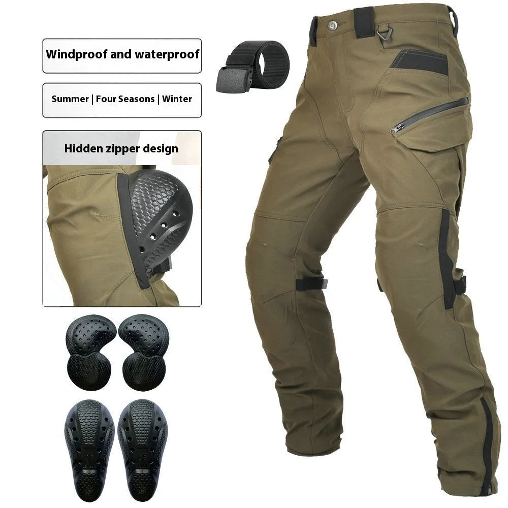 Motorcycle waterproof cycling trousers in black or green with included belt and protective gear