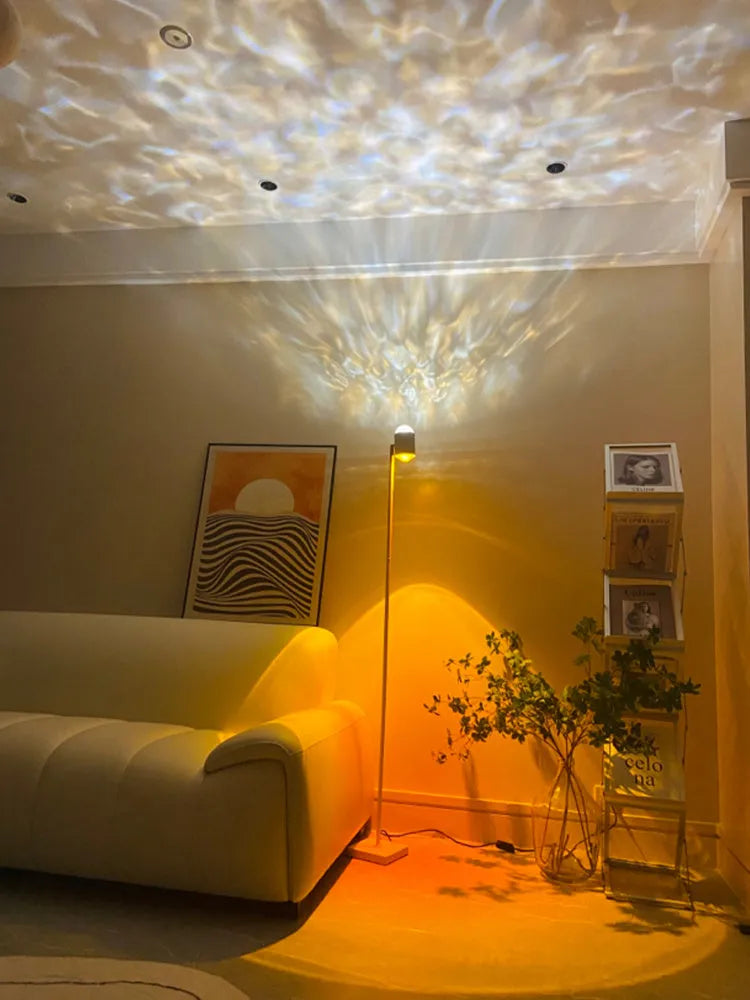 Minimalist modern floor lamp projecting water wave patterns with sunset red or rainbow colour options