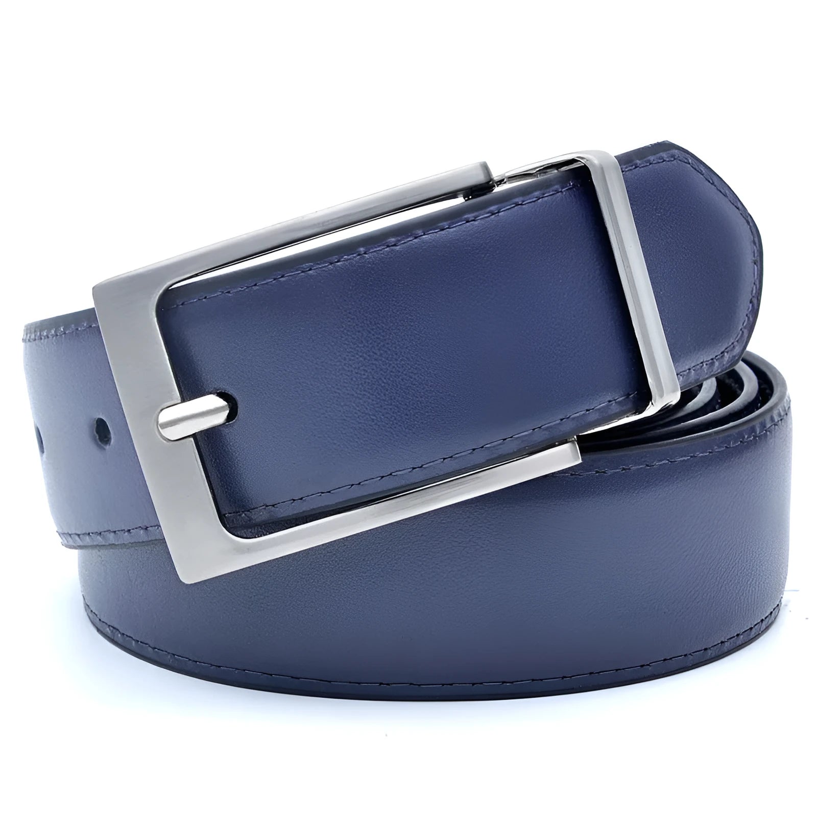 Men's brown and black leather belt with rotating pin buckle fastening mechanism showing length adjustment