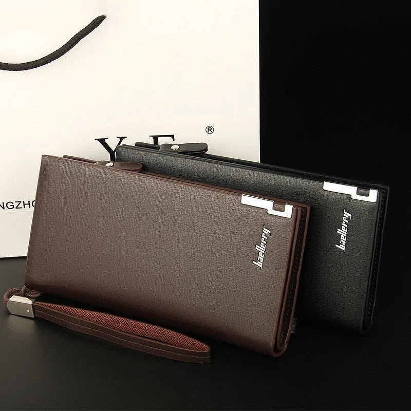 Men's long black PU leather wallet with a zipper and seven card slots laid open.