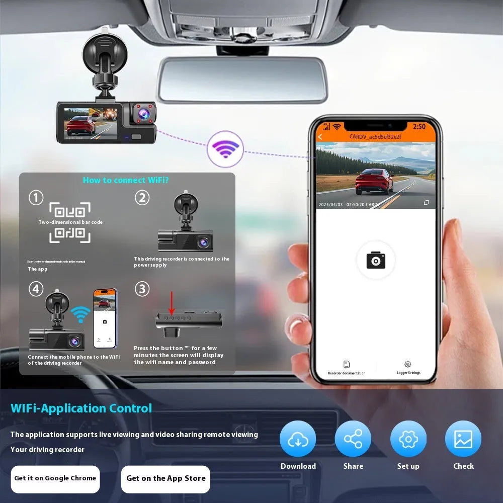 WiFi-enabled car dash cam with 2-inch screen for front and rear vehicle recording and parking aid display