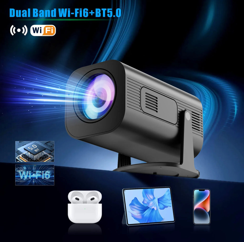 P330 black and white portable mini projector on a table with remote control.