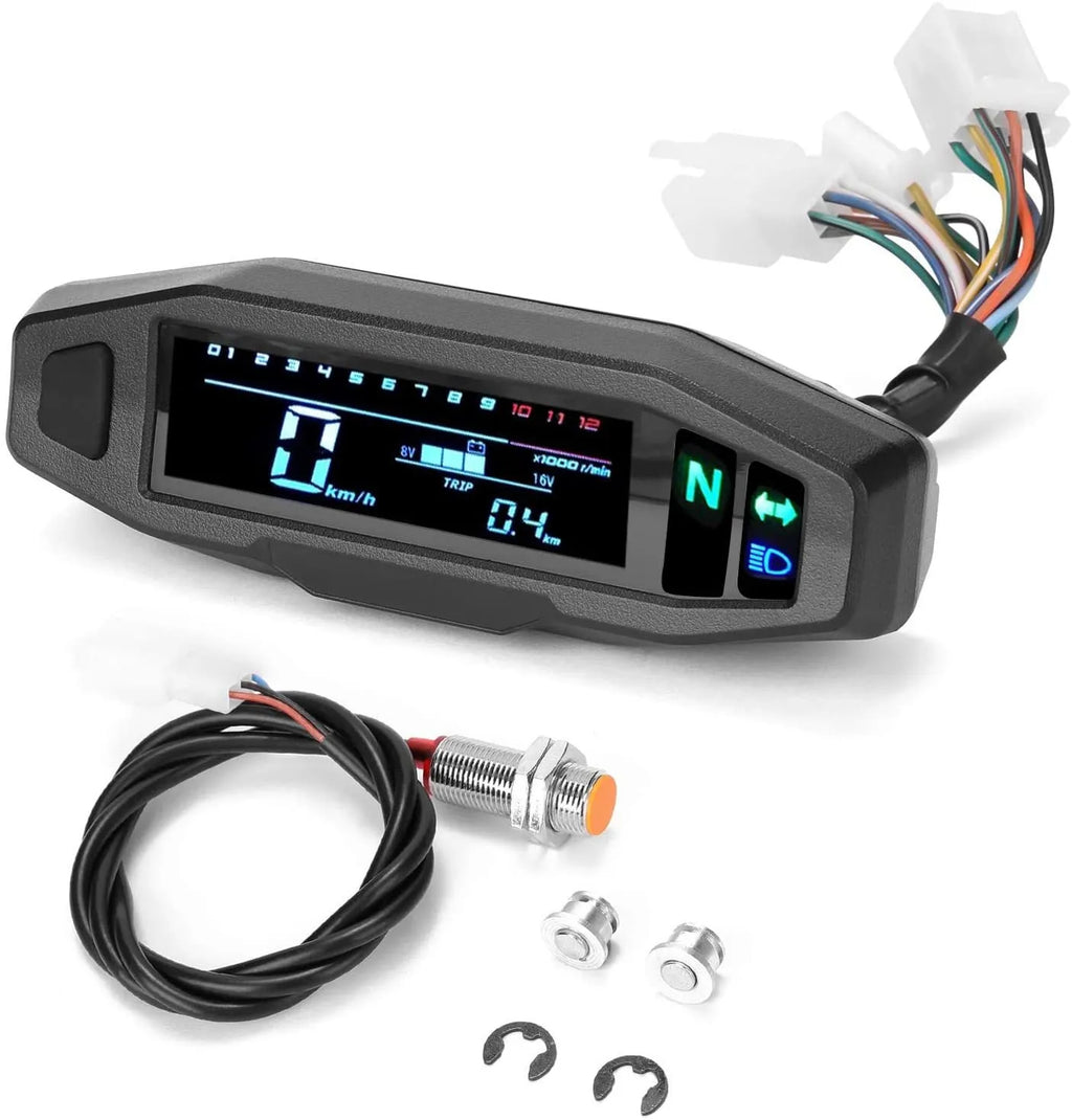 Black motorcycle mini speedometer with LCD display showing digital readouts and oil monitoring indicator