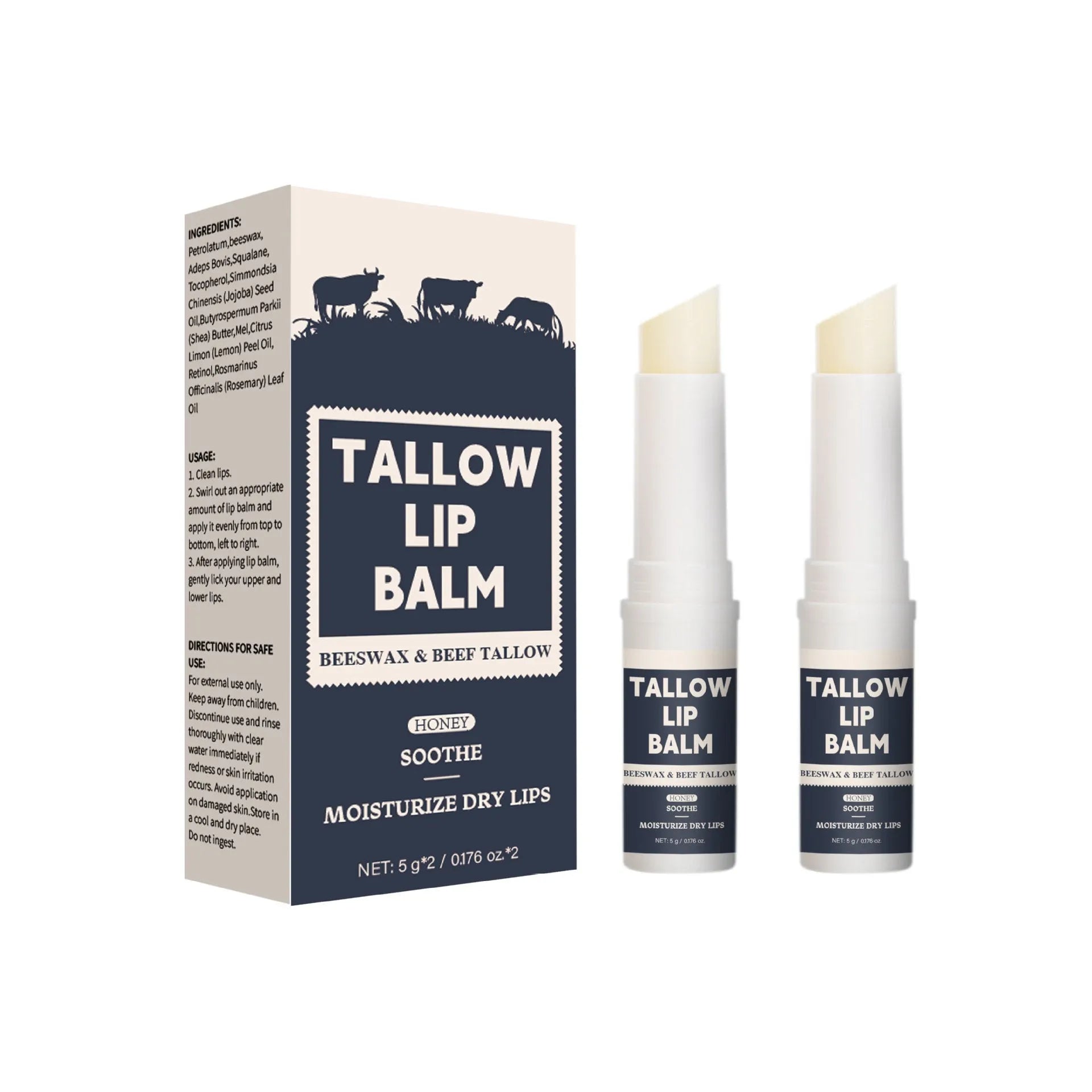 Two light grain soft lip balms with beef fat moisturising formula in standard packaging.