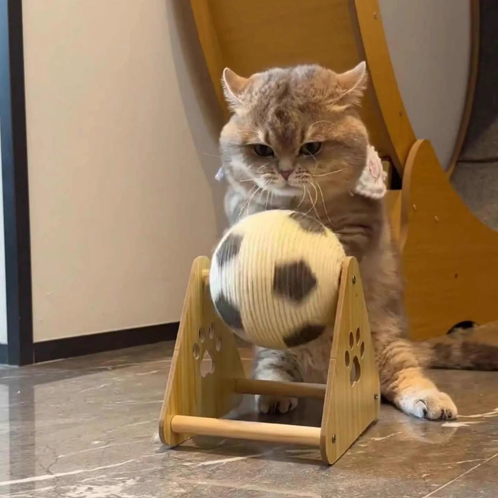 Vertical wooden cat scratch board with solid wood base and sisal rope winding, football style colour