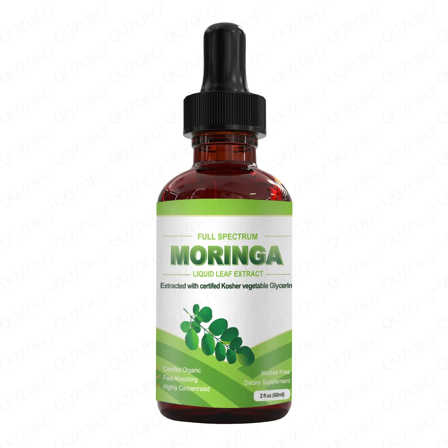 60ml bottle of certified organic Moringa leaf extract drops with dropper, deep green-brown liquid