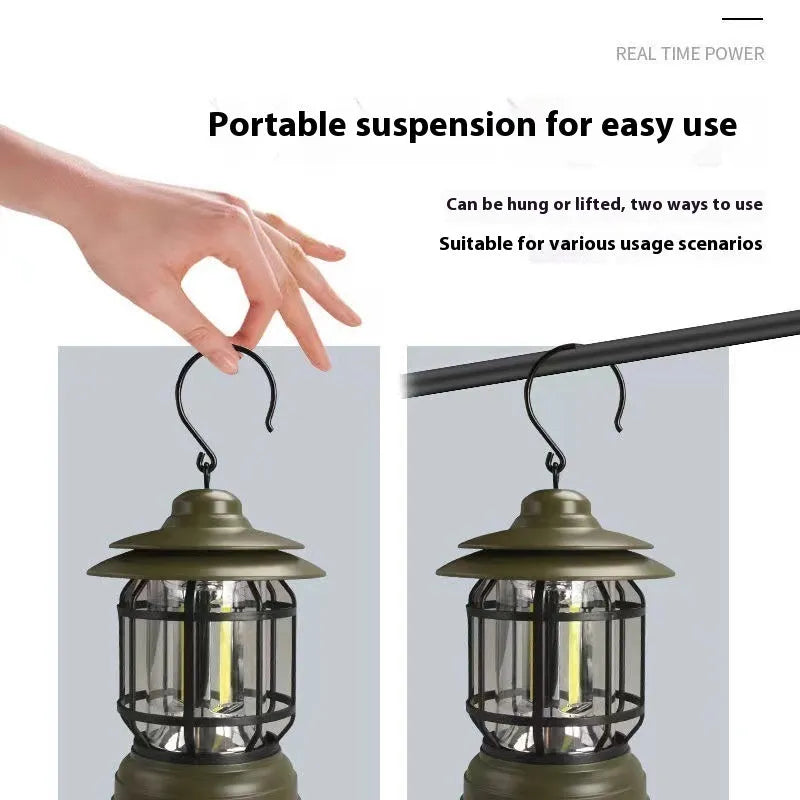 Portable camping lantern with handle in black, dark green, or red colour options.