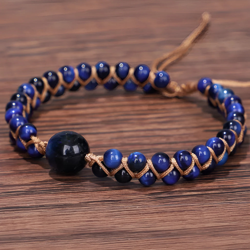 Handmade woven geometric bracelet with adjustable sliding knot and natural stone option
