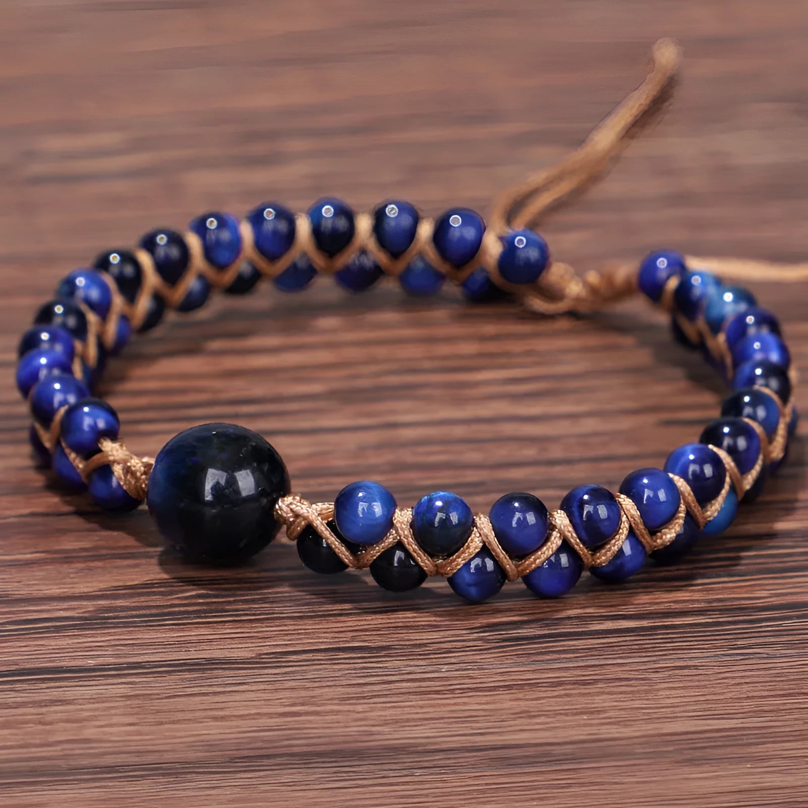 Handmade woven geometric bracelet with adjustable sliding knot and natural stone option