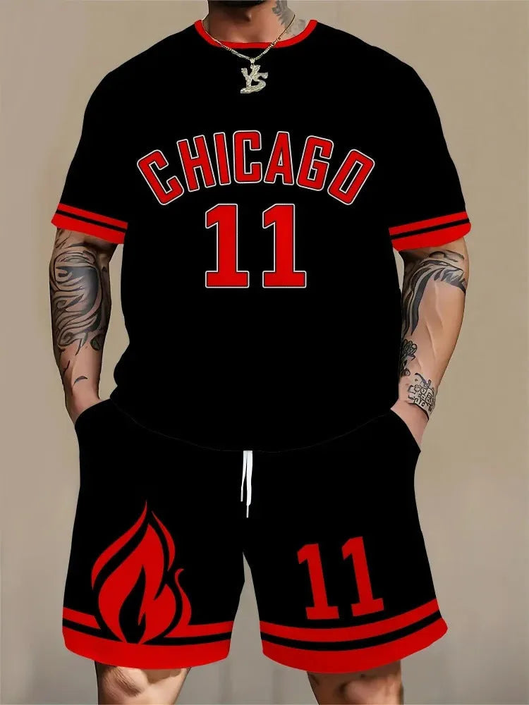 Men's short sleeve top and shorts sportswear set with 3D letter printing in polyester fabric